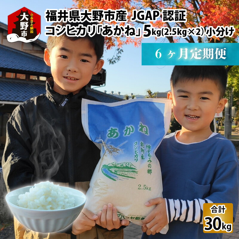 [令和5年産][6ヶ月定期便]福井県大野市産 JGAP認証 コシヒカリ「あかね」5kg(2.5kg×2)小分け [定期便・お米・コシヒカリ・米・6ヶ月・6回・半年・30kg] [C-007002]