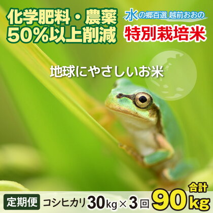 【令和5年産】【3ヶ月定期便】こしひかり 30kg × 3回 計 90kg【白米】減農薬・減化学肥料 「特別栽培米」－地球にやさしいお米－[K-003002]