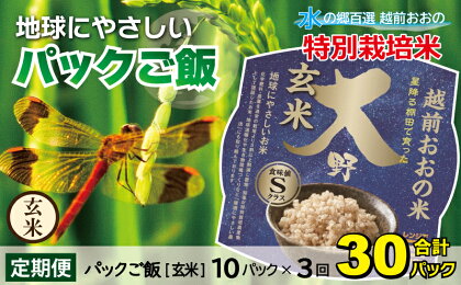 【3ヶ月定期便】地球にやさしいパックご飯 10食入り【玄米】× 3回　計30食　減農薬・減化学肥料 「特別栽培米」－地球にやさしいお米－[B-003008]防災 備蓄