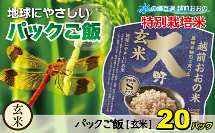 地球にやさしいパックご飯 20食入り【玄米】　減農薬・減化学肥料 「特別栽培米」－地球にやさしいお米－[A-003012]防災 備蓄