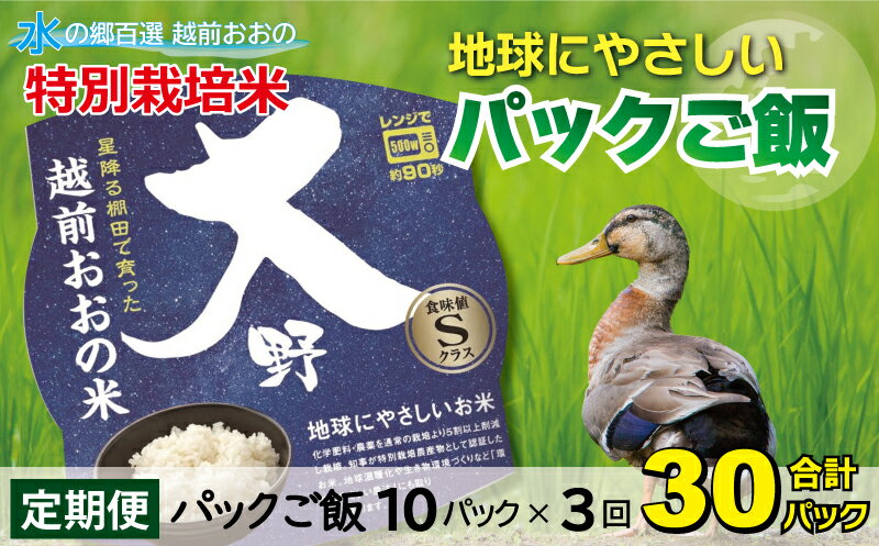 [3ヶ月定期便]地球にやさしいパックご飯 10食入り[白米]× 3回 計30食 減農薬・減化学肥料 「特別栽培米」−地球にやさしいお米−[B-003010]防災 備蓄