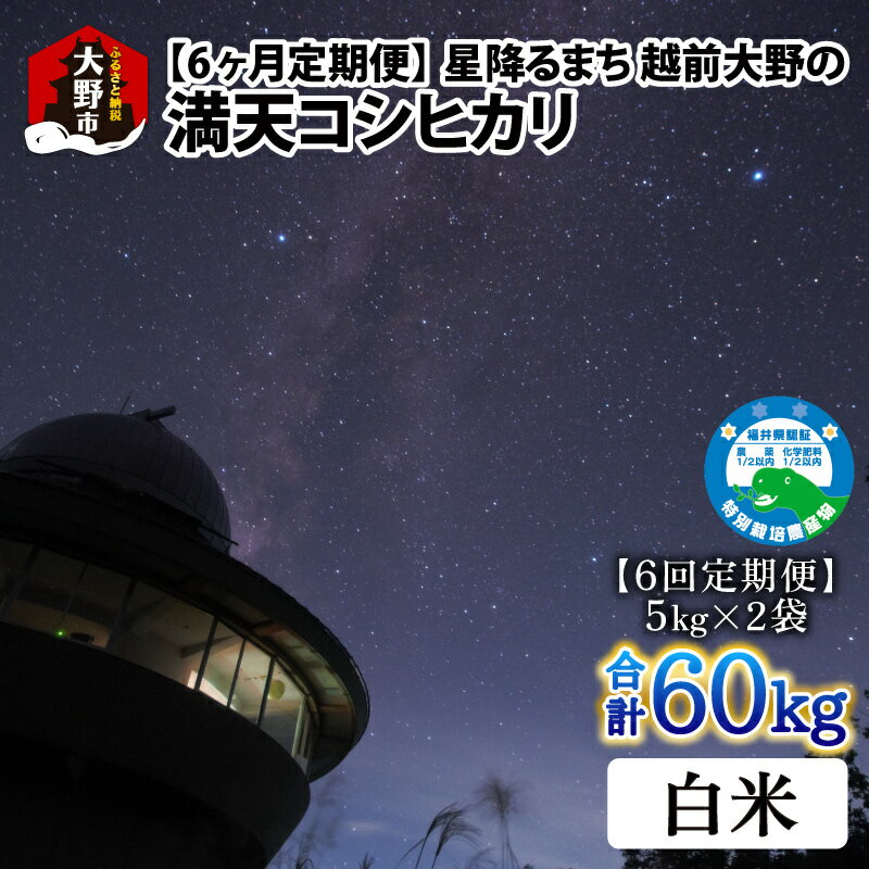 【ふるさと納税】【令和5年産】【6ヶ月定期便】星降るまち 越前大野の「満天コシヒカリ」白米 10kg (5kg×2袋) × 6回 計 60kg 小分け 農薬・化学肥料50%以上カットの特別栽培米 農家直送 単一原料米 大野市[J-005001]|精米 玄米 白米 ご飯 ごはん こしひかり 送料無料