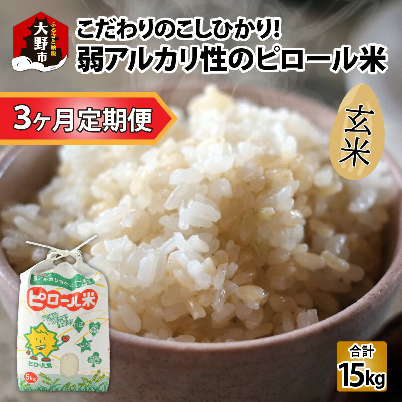 [令和7年産 新米][3ヶ月定期便]こだわりの米!弱アルカリ性のピロール米 こしひかり 玄米 5kg×3回 計15kg [C-009002]