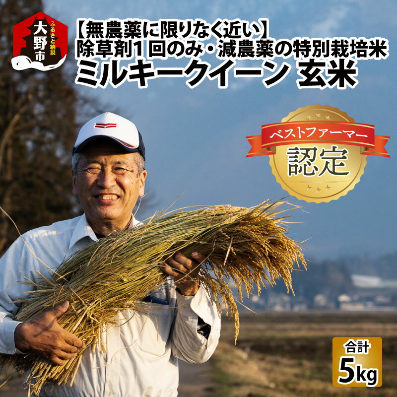 [令和5年産][無農薬に限りなく近い]ミルキークイーン 玄米 5kg 除草剤1回のみ・有機質肥料による特別栽培米 減農薬 化学肥料不使用 [A-030001]