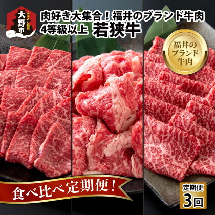 【肉の定期便×3回コース】 肉好き大集合！若狭牛 食べ比べ定期便！ [E-054003]|焼肉 すき焼き 切落し 国産 牛肉 モモ 肩 バラ 4等級以上 サシ とろける 甘み お取り寄せ 最高級 冷凍 パック 小分け 送料無料