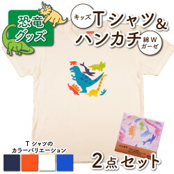 【ふるさと納税】キッズTシャツ(ティラノサウルス大柄・4色)と綿Wガーゼハンカチの2点セット 画像1