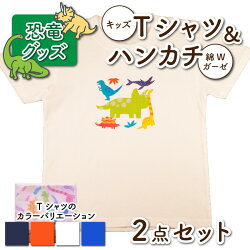 【ふるさと納税】キッズTシャツ(トリケラトプス大柄・4色)と綿Wガーゼハンカチの2点セット 画像1