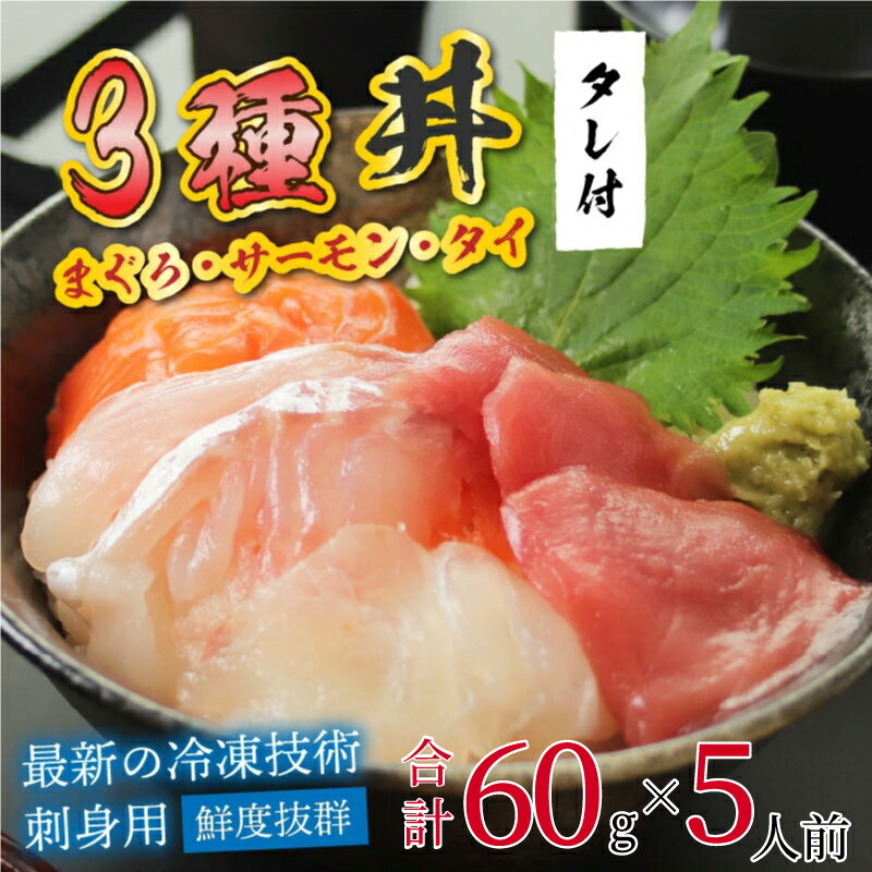 【ふるさと納税】【刺身用】海鮮丼の具3種盛り（マグロ・サーモン・タイ）60g（タレ付）× 5人前 【最新の冷凍技術】[B-11015]| お刺身 おさしみ 鮪 鮭 サケ 鯛 タイ 海の幸 海鮮 三色丼 海鮮丼 海の幸 冷凍 アニサキス対策品 御祝