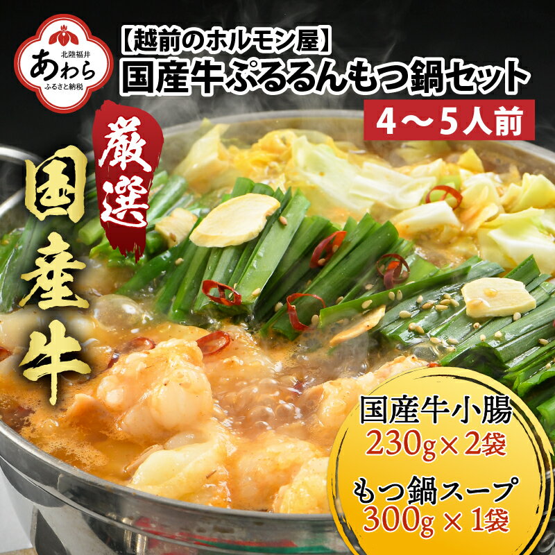 創業50年のホルモン専門店だからこそできた秘伝の味わいの「牛もつ鍋セット」です。 牛もつはコラーゲンたっぷり！脂ぷるるん国産牛小腸のみを厳選しました。 秘伝の自家製スープは、ホルモン専門店が長年培ってきた牛もつをいかにして美味しく食べていただくかのノウハウをふんだんに活かして作ってあります。 さらに一緒に煮込むお好みの野菜も美味しく食べていただけるように工夫してあります。 冷え込む夜のスタミナアップは、専門店の牛もつ鍋で是非どうぞ！ ホルモンに合うたれを創るため、素材探しから始まり、厳選し、行き着いたのが72種類の素材たち。 国産の大粒ニンニクは一つひとつ丁寧に剥いたものをすりおろし、たれの中にたっぷりと入れております。 このニンニクが、ホルモンの旨味をさらに引き出し、唐辛子の辛さとは違った深い味わいを醸し出します。 その他に、鶏ガラや干しエビ、ホタテの貝柱、オイスターソース、高級ブランデー等、ホルモンをおいしく食べて頂くための素材は最高のものを厳選しております。 たくさんの野菜を入れても、しっかりとした味わいが出るように工夫をして作ったスープは、試行錯誤を重ねて出来上がった越前のホルモン屋秘伝の味です。 ぜひご賞味ください！ ホルモンは2袋に分けて包装してありますので、残ったスープで、お鍋を2日目も美味しくお召し上がりいただけます！ 鍋の目安といたしまして、約4～5人前となります。 ・ふるさと納税よくある質問はこちら ・寄付申込みのキャンセル、返礼品の変更・返品はできません。あらかじめご了承ください。 ・ご要望を備考に記載頂いてもこちらでは対応いたしかねますので、何卒ご了承くださいませ。 ・寄付回数の制限は設けておりません。寄付をいただく度にお届けいたします。 ■名称 もつ鍋セット（4～5人前） ■内容 国産牛小腸 230g×2袋もつ鍋スープ 300g×1袋 ■原材料 牛小腸（国産）、鍋スープ（味噌、砂糖、醤油、おろしにんにく、チキンエキス、にんにく加工品、味醂、もろみみそ、食塩、香辛料、かきエキス、XO醤、植物油、濃縮りんご果汁、コチュジャン調味料、いりごま、／調味料（アミノ酸等）、増粘剤（キサンタン）、香料、（一部に牛肉・えび・小麦・ごま・大豆・鶏肉・豚肉・りんごを含む） ■アレルギー えび、小麦、牛肉、ごま、大豆、鶏肉、豚肉、りんご ※ 表示内容に関しては各事業者の指定に基づき掲載しており、一切の内容を保証するものではございません。 ※ ご不明の点がございましたら事業者まで直接お問い合わせ下さい。 ■配送方法 冷凍 ■賞味期限 製造日より90日 ■事業者 有限会社福田商店 連絡先　：0776-78-5255 営業時間：09：00-18：00 定休日　：火曜・土曜・日曜・お盆・年末年始など脂ぷるるん国産牛小腸のみを厳選した ホルモン鍋 皆様から寄せられた寄付は、以下の項目の中で指定いただいた事業に活用いたします。 1：北陸新幹線芦原温泉駅周辺整備事業 2：あわら温泉街にぎわいづくり事業 3：子どものための教育環境整備事業 4：北潟湖や竹田川の環境保全事業 5：出産・子育て応援事業 6：吉崎の歴史・文化、自然、食等を生かしたまちづくりのための事業 7：その他市長が必要と認める事業