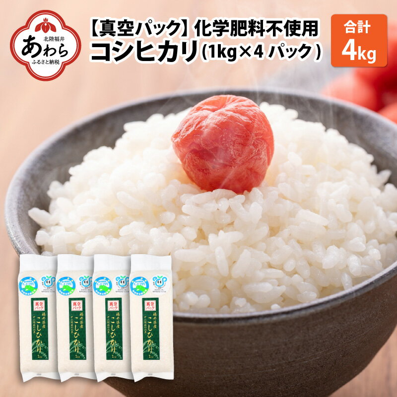 [令和5年産] 化学肥料不使用コシヒカリ 精米 4kg(1kg×4パック)[真空パック] / 白米 米 福井県あわら市産 美味しい 特別栽培米 減農薬 安心な米 旨味 甘み もっちり エコファーマー こしひかり 冷蔵保管米