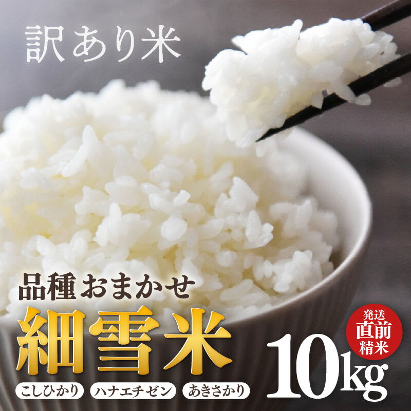 送料無料！見た目は不揃いでも、味は自信あり！精米したてのお米10kg（コシヒカリ・ハナエチゼン・あきさかりのいずれか）をお届けします。　【ふるさと納税】【訳あり】【数量限定】あわら市産 令和7年産 細雪米（コシヒカリ・ハナエチゼン・あきさかりのいずれか） 精米 10kg 《発送直前精米》 / 米 お米 10キロ 訳あり わけあり 福井県産 ご飯 お米 白米 ブランド米