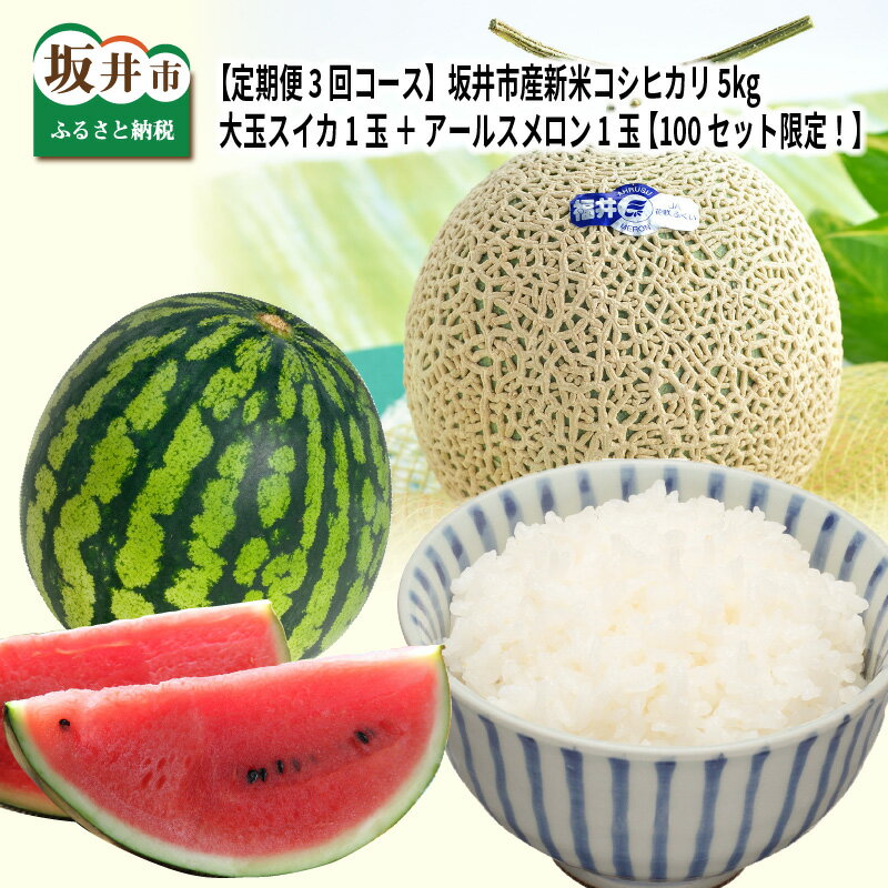 【ふるさと納税】【先行予約】【頒布会 3回コース】 花咲スイカ 1玉 ＋ アールスメロン 1玉 ＋ 坂井市産新米コシヒカリ 5kg 【100セット限定！】【2023年7月より順次発送予定】のサムネイル
