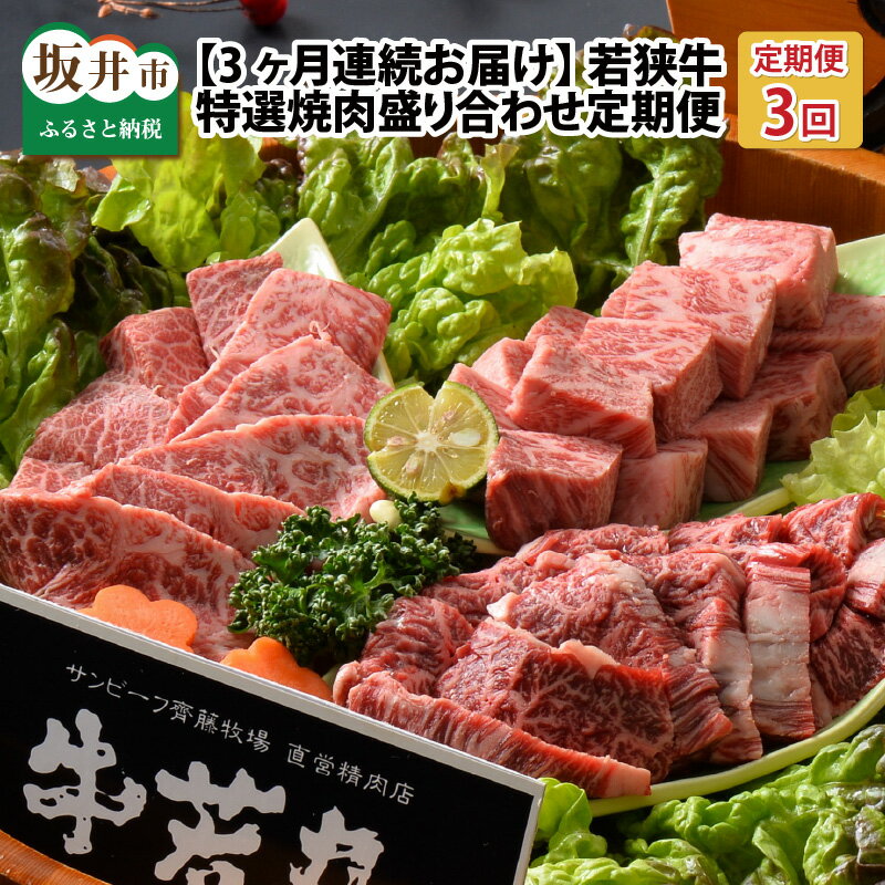 定期便 肉 牛[3ヶ月連続お届け] (国産 和牛) 坂井市産 福井県産 若狭牛 特選焼肉盛り合わせ定期便