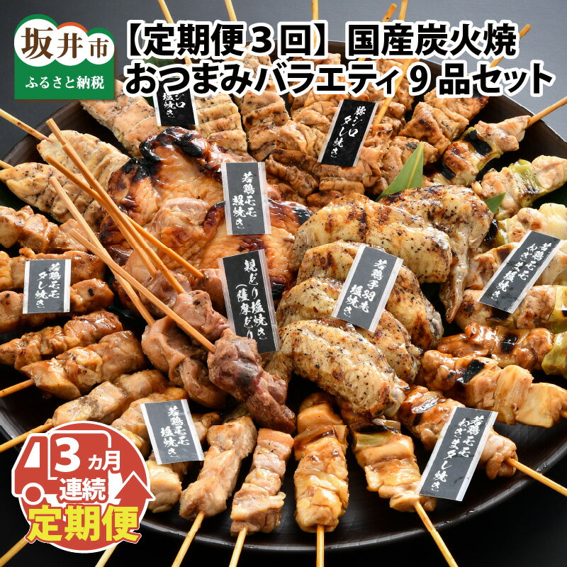 [定期便3回コース]国産炭火焼き おつまみバラエティ9品セット × 3ヶ月/焼き鳥 豚肉 手羽先 夜ご飯 おつまみ おかず