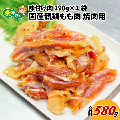 味付け肉 国産親鶏もも肉 焼肉用 290g×2袋（計580g） l 簡単 焼肉 ジューシー 若鶏 鶏もも肉 BBQ バーベキュー 小分け お取り寄せ お試し 永平寺町 送料無料