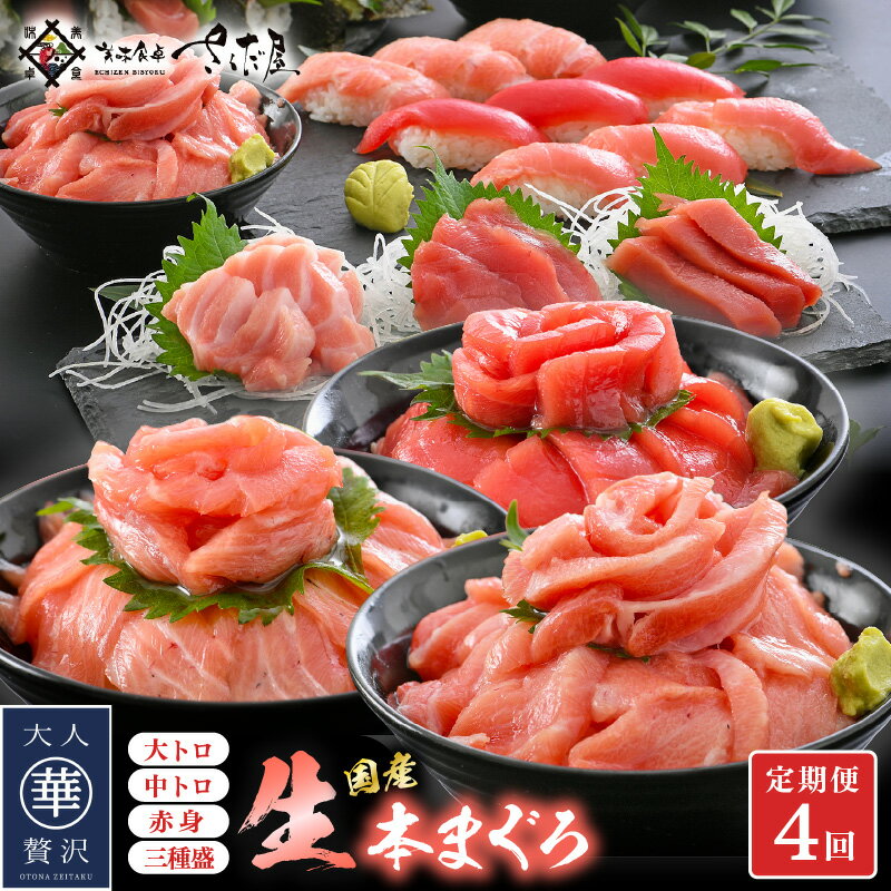 【ふるさと納税】定期便 ≪4カ月連続お届け≫ おすすめ！まぐろの王様！生本まぐろ 食べ比べ 定期便 計4回 【本まぐろ マグロ まぐろ 大とろ 中トロ 赤身 刺身 冷蔵 お取り寄せ グルメ】[e04-c017]のサムネイル