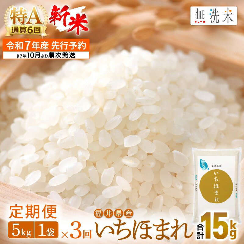 【ふるさと納税】【令和5年産】無洗米 定期便 3ヶ月 いちほまれ 5kg × 3回（計15kg）特A 通算6回！福井県産【米 コメ kome 5キロ 3か月 計 15キロ 精米 白米 人気 便利 時短】 [e27-b005]