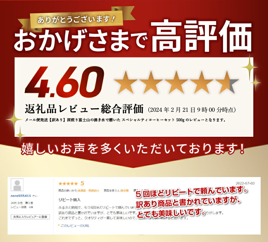 【ふるさと納税】 メール便発送 【訳あり】 緊急支援 コーヒー 豆 粉 500g (250gx2袋) 富士山の湧き水で磨いた 深煎り スペシャルティコーヒー 自家焙煎 焙煎後一週間 加熱水蒸気 アイスコーヒー コロナ支援