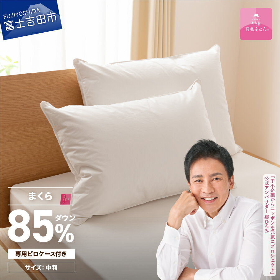 【ふるさと納税】 枕 ダウンまくら 枕カバー セット 43cmx63cm 日本製 綿100％ 柔らか ふっくら ボリューム 中判 超長綿 ホテル サテン ピロー ピローケース 新プレミアムダウンまくら 国産 【甲州羽毛ふとん】のサムネイル