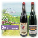 名称 【山梨市産】一升瓶赤ワインセット 保存方法 常温 発送時期 2024年5月より順次発送※生産・天候・交通等の事情により遅れる場合があります。 提供元 山梨市フルーツパーク 配達外のエリア なし お礼品の特徴 地元山梨の葡萄にこだわってつくられたワインです。山梨といえば有名なのが葡萄と桃ですが、ワインも昔から多くの方々に愛されてきました。ワイン好きにはたまらない赤ワインの2本セットです。是非2本のワインを飲み比べてみて違いをお楽しみください。 ■生産者の声 皆さんにおいしいと喜んでもらえるように、日々より良いものをつくる努力をしています。自慢のワインを飲んで頂けたら幸いです。 ■お礼品の内容について ・〈山梨発酵工業〉無添加赤[1800ml×1本] 　　原産地:山梨県 山梨市/製造地:山梨県 山梨市/加工地:山梨県 山梨市 ・〈八幡洋酒〉八幡の赤[1800ml×1本] 　　原産地:山梨県 山梨市/製造地:山梨県 山梨市/加工地:山梨県 山梨市 ■注意事項/その他 ※賞味期限の表記はありませんが高温、冷凍庫保管を避け開封後はお早めに召し上がり下さい。 ■原材料:お礼品に記載 ※アレルギー物質などの表示につきましては、お礼品に記載しています。 原産地:山梨県山梨市 〈山梨発酵工業〉無添加赤:山梨県産マスカット・ベーリーA100%使用 〈八幡洋酒〉八幡の赤:山梨県産マスカット・ベーリーA100%使用 ・ふるさと納税よくある質問はこちら ・寄附申込みのキャンセル、返礼品の変更・返品はできません。あらかじめご了承ください。