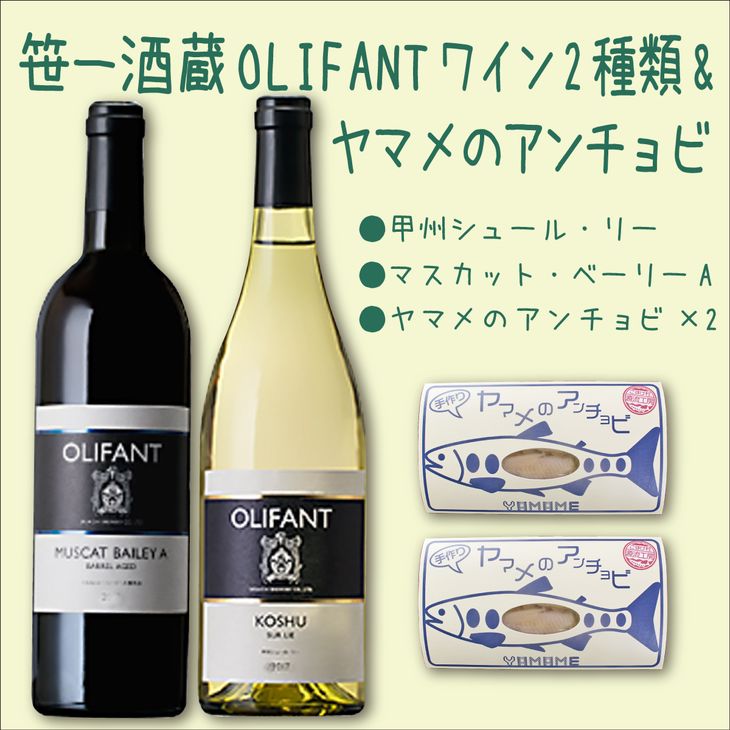 笹一酒造OLIFANTワイン750ml 2種類&こすげ村源流工房ヤマメのアンチョビ2パックセット|国産ワイン 赤ワイン 白ワイン 飲みくらべ セット おつまみ ヤマメ※離島への配送不可※着日指定不可