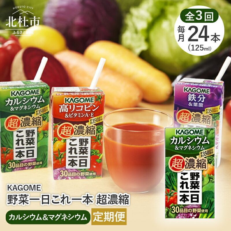 [3か月定期便]カゴメ 野菜一日これ一本 超濃縮 カルシウム&マグネシウム 125ml 紙パック 24本入 野菜ジュース 濃縮ジュース 名水仕込 無添加 これ1本 野菜不足 350g 30品目 健康志向 飲料 健康食品 仕送りギフト 防災