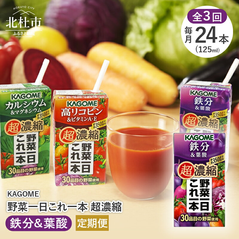 【ふるさと納税】【3か月定期便】 カゴメ 野菜一日これ一本 超濃縮 鉄分&葉酸 125ml 紙パック 24本入 野菜ジュース 濃縮ジュース 名水仕込 無添加 これ1本 野菜不足 350g 30品目 健康志向 飲料 健康食品 仕送りギフト 防災