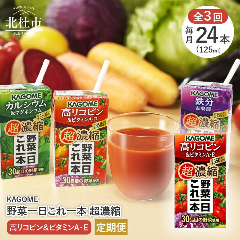 【ふるさと納税】【3か月定期便】 カゴメ 野菜一日これ一本 超濃縮 高リコピン＆ビタミンA・E 125ml 紙パック 24本入 野菜ジュース 濃縮ジュース 名水仕込 無添加 これ1本 野菜不足 350g 30品目 健康志向 飲料 健康食品 仕送りギフト 防災