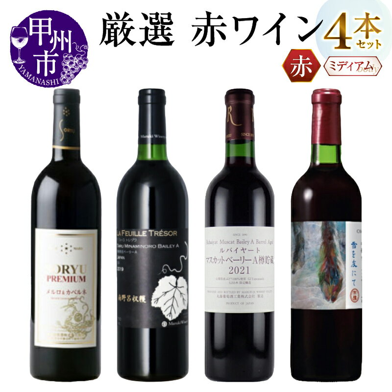 【ふるさと納税】 ワイン セット 赤 4本 飲み比べ プレミアムメルロー＆カベルネ ラフィーユトレゾワ樽南野呂ベーリーA ルバイヤートマスカットベーリーA樽貯蔵 甲斐ノワール樽熟成 雪を友にて 甲州 母の日 父の日 記念日 ギフト 山梨 肉料理 鍋 鰻 (MG) 【D9-651】