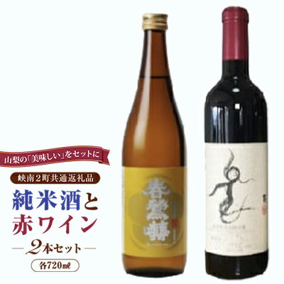 日本酒純米酒（春鶯囀）・赤ワイン（楽園ワイン）計2本セット峡南2町共通返礼品 ギフト 贈答 地酒 清酒 ワイン赤