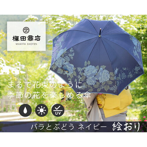 16位! 口コミ数「0件」評価「0」No.325 高級織物傘【婦人長傘】紺系・深みを帯びた気品 「バラとぶどう柄」絵おり ／ カサ UV加工 レディース おしゃれ 送料無料 山･･･ 