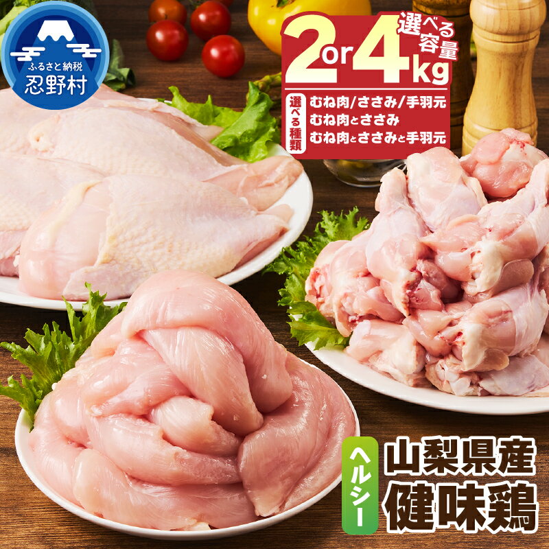 【ふるさと納税】 鶏肉 大容量 2kg 4kg むね肉 ささみ 手羽元 セット 鳥肉 とり肉 健味鶏 山梨県産 国産 ヘルシー 低脂質 コラーゲン 免疫力アップ 疲労回復 筋肉 唐揚げ サラダ 和え物 プレゼント 贈り物 贈答 冷凍発送 忍野村 送料無料 ※沖縄県、離島不可