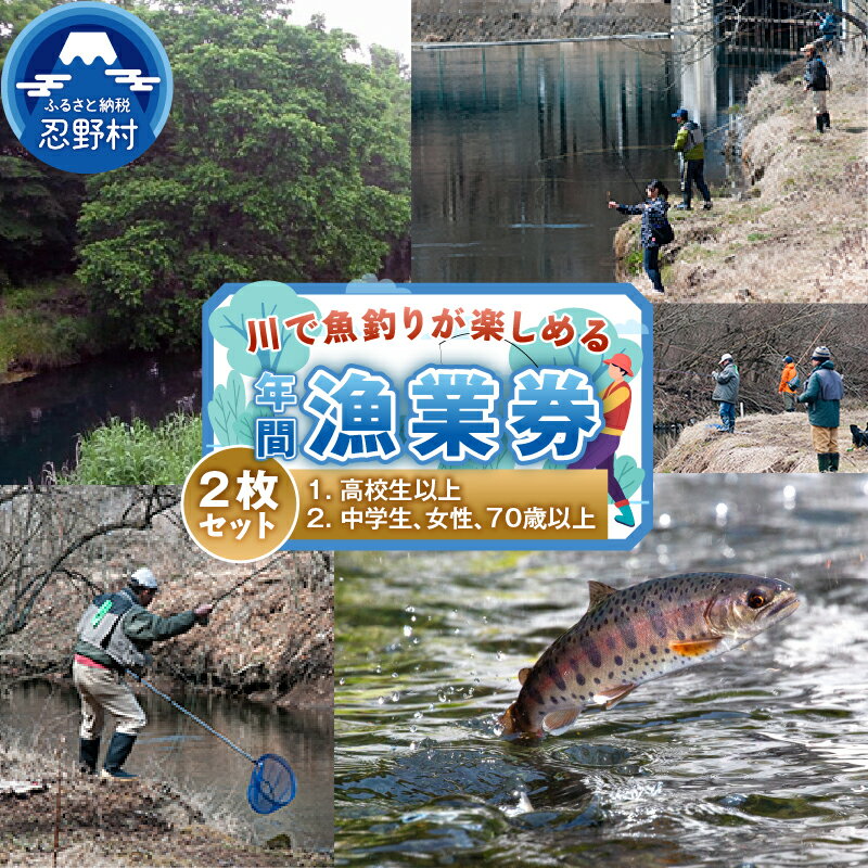  漁業券 魚釣り 川魚 釣り フィッシング 高校生以上 中学生 女性 70歳以上 年間券 河川 清流 アウトドア 大自然 2枚セット 送料無料 山梨県 忍野村