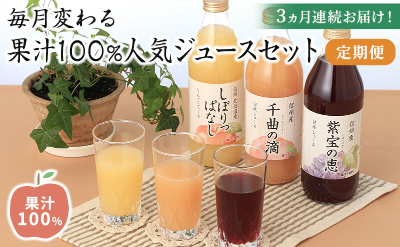 【ふるさと納税】3ヵ月連続お届け！毎月変わる果汁100％人気ジュースセット定期便【1回目】りんごジュース「しぼりっぱなし」 (1L×6本)【2回目】巨峰ジュース「紫宝の恵」(1L×4本)【3回目】白桃ジュース「千曲の滴」 (1L×4本)