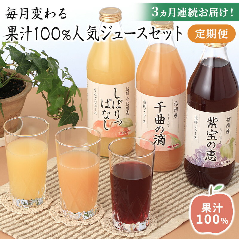 3ヵ月連続お届け!毎月変わる果汁100%人気ジュースセット定期便[1回目]りんごジュース「しぼりっぱなし」 (1L×6本)[2回目]巨峰ジュース「紫宝の恵」(1L×4本)[3回目]白桃ジュース「千曲の滴」 (1L×4本)