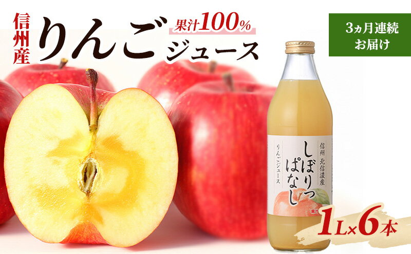 【ふるさと納税】3ヵ月連続お届け 信州産 りんごジュース 「しぼりっぱなし」 果汁100％ (1L×6本)