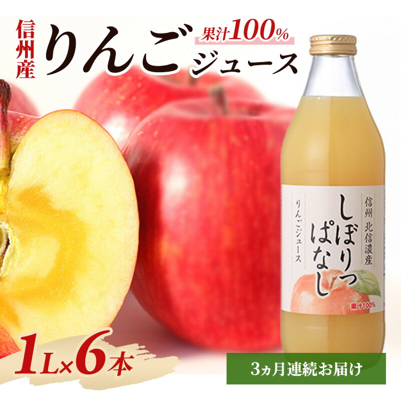 3ヵ月連続お届け 信州産 りんごジュース 「しぼりっぱなし」 果汁100% (1L×6本)