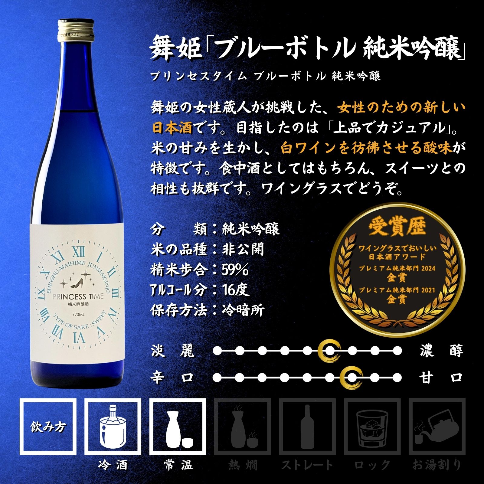 【ふるさと納税】信州 諏訪五蔵 甘いお酒 日本酒 プリンセスタイム 飲み比べ セット 500ml 720ml 2本 舞姫 「SWEET ＆ SOUR 純米吟醸」 「ブルーボトル 純米吟醸」 PRINCESS TIME スイート アンド サワー 女性 蔵人 地酒 プレゼント ギフト 父の日 長野県 諏訪市【102-13】 f202061-suwa-10000456 長野県諏訪市 サンプル画像3