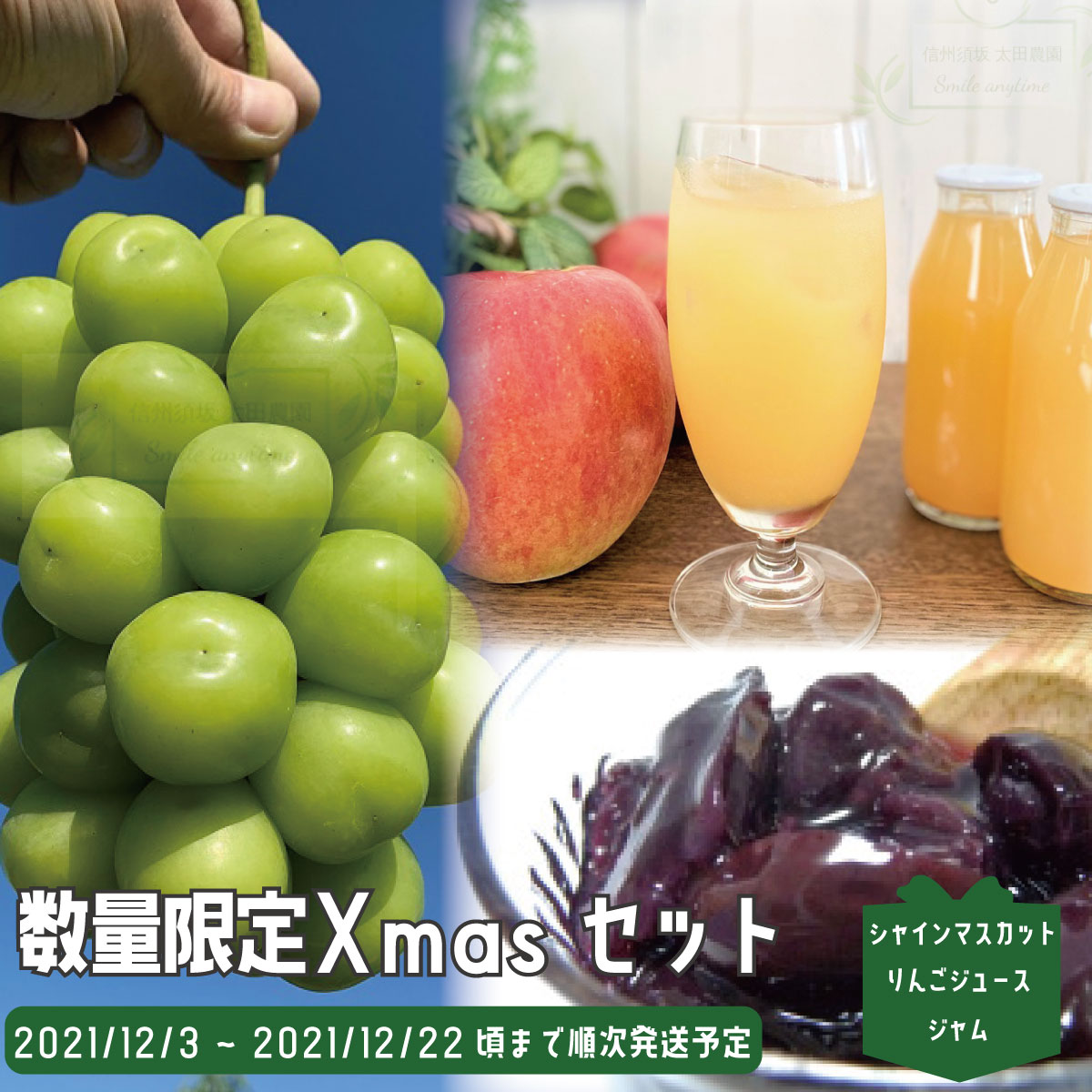 【ふるさと納税】【数量限定Xmasセット】Winterシャインマスカット2房1kg以上＆Xmasプレミアムジャム2本＆サンふじジュース2本《株式会社 信州須坂太田農園》■2021年発送■※12月上旬頃より順次発送予定 フルーツ 果物 ブドウ ぶどう リンゴ りんご ジャム ジュース