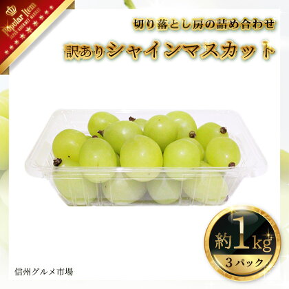 訳あり シャインマスカット 約1kg（切り落とし房の詰め合わせ）（3パック詰め）《信州グルメ市場》■2024年発送■※9月上旬頃～10月下旬頃まで順次発送予定 果物 フルーツ ぶどう ブドウ 葡萄 先行予約 期間限定 数量限定