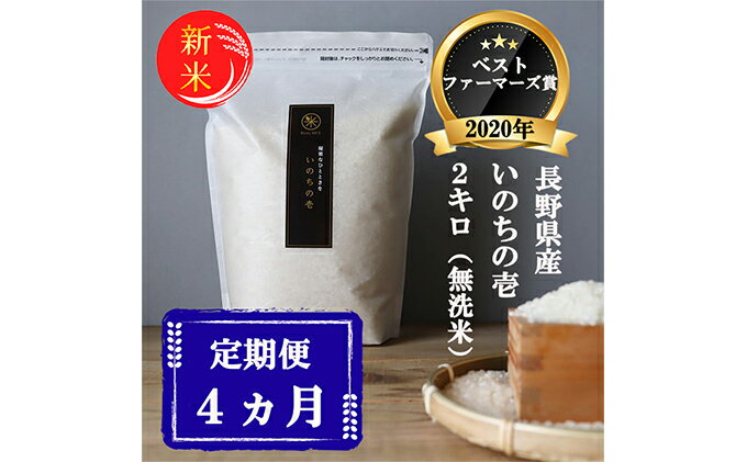 【ふるさと納税】【4ヵ月定期便】ベストファーマーズ賞受賞 長野県産 いのちの壱 2kg（無洗米）　【定期便・米・無洗米・いのちの壱 ・令和3年・新米・ベストファーマーズ賞・無農薬 ・ 無添加・大粒・甘味】　お届け：11月中旬より順次発送