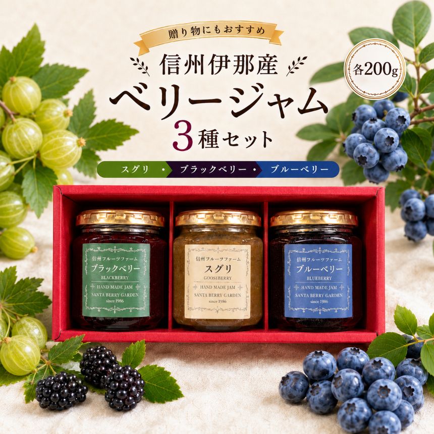 【ふるさと納税】 信州 伊那産 ベリージャム 200g 3種 （ すぐり・ブラックベリー・ブルーベリー ）| フルーツ ジャム すぐり ブラックベリー ブルーベリー 完熟 つみたて 加工品 長野県 伊那市【013-84】
