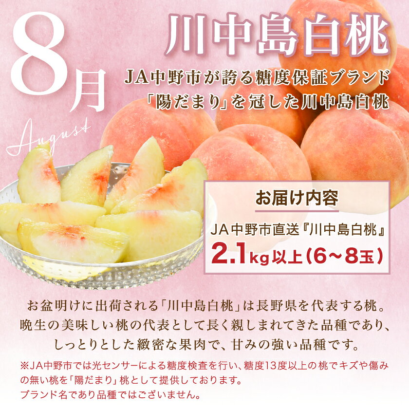【ふるさと納税】【発送月固定定期便】JA中野市　糖度13度保証の桃2.1kg以上とナガノパープル800g以上全2回【配送不可地域：離島・北海道・沖縄県】【4051564】
