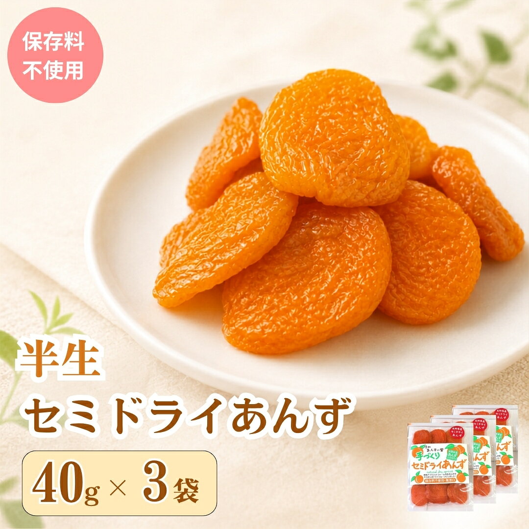商品説明 名称 【ふるさと納税】人気 セミドライ（半生あんず）横島あんず40g×3袋セット 内容量 ・セミドライあんず(半生) 40g×3袋 消費期限 賞味期限 6ケ月（未開封） アレルギー - 提供元 株式会社 横島物産 配送方法 常温配送 発送時期 ご入金確認後、順次発送いたします。 備考 ※発送日のご指定は承ることができません。 こちらの返礼品もおすすめ 【日常の贈り物にもおすすめ】 母の日 母の日ギフト 母の日プレゼント お母さん ママ 父の日 父の日ギフト 父の日プレゼントお父さん パパ 敬老の日 おじいちゃん 祖父 おばあちゃん 祖母 御中元 お中元 中元 暑中見舞い 残暑御見舞 残暑見舞い お歳暮 御歳暮 寒中お見舞い お見舞い 退院祝い 快気祝い 全快祝い 快気内祝い 出産祝い ご出産御祝い 出産御祝 御出産御祝 出産内祝い 七五三御祝 引っ越しご挨拶 引越しご挨拶 ご挨拶 ごあいさつ 入園内祝い 御入園御祝 幼稚園 保育園 小学校 中学校 高校 大学 入学祝い 入学内祝い 合格祝い 進学内祝い 卒業祝い 御卒業御祝 卒業記念品 成人式 御成人御祝 就職祝い 社会人 結婚祝い 御結婚御祝 ご結婚御祝い 御結婚お祝い 結婚内祝い 結婚式 引き出物 引出物 誕生日祝い 昇進祝い 昇格祝い 就任祝い 新築御祝 御新築祝 祝御新築 新築内祝い お供え 法事 供養 開業祝い 開店祝い 開店お祝い 周年記念 異動 栄転 転勤 退職 定年退職 転職 お祝い 御祝い 内祝い お取り寄せ ギフト プレゼント 贈答品 贈り物 セット ◆ ふるさと納税FAQと注意事項1．FAQ ふるさと納税よくある質問はこちら2．ふるさと納税の注意事項・寄附申込みのキャンセル、返礼品の変更・返品はできません。寄附者の都合で返礼品が届けられなかった場合、返礼品等の再送はいたしません。あらかじめご了承ください。 ・この商品はふるさと納税の返礼品です。スマートフォンでは「購入手続きへ」と表記されておりますが、寄附申込みとなりますのでご了承ください。◆ ふるさと納税関連 書類発送について 1．受領証明書 入金確認後、注文内容確認画面の【注文者情報】に記載の住所に2~3週間程度を目途に発送いたします。2．ワンストップ特例申請書ワンストップ特例申請の適用を希望される方は、「ワンストップ特例申請書」「受領証明書」2点を同封して発送いたします。※【注文者情報】のご住所に、郵送でお届けします。（返礼品とは別でのお届けとなります。） ◆ 千曲市ってどこにあるの？ 千曲市 は、県庁所在地の 長野市 や、戦国時代の名将・真田氏で知られる 上田市 に隣接しています。北信濃の交通の要衝として、古くから人々の往来で賑わってきました。また、海に面した 富山県 射水市 、愛媛県 宇和島市 、千葉県 横芝光町 とは姉妹都市として、山のまちと海のまち、それぞれが持つ魅力を活かした交流を続けています。皆様の応援が、こうした都市間の絆をさらに深める力にもなります。◆ 千曲市の魅力をご紹介！1．日本一のあんずの里とフルーツ王国ふるさと納税の返礼品では、この自慢のあんず！また、長野県 は ぶどう の産量では、山梨県 と 岡山県 の間の全国2位！りんご の産量も 青森県 と 岩手県 の間の全国2位！千曲市からも丹精込めて育てられた旬の果物をお届けします。2．「姨捨（おばすて）の棚田米」コシヒカリ国の重要文化的景観、そして日本遺産「月の都 千曲」にも認定されている姨捨の棚田。眼下に広がる善光寺平の夜景は、まさに絶景です。水が張られた田んぼ一枚一枚に月が映る「田毎（たごと）の月」は、古くから歌にも詠まれてきた千曲市が世界に誇る風景です。3．心と体を癒す「名湯・戸倉上山田温泉」開湯120年以上の歴史を誇る戸倉上山田温泉は、アルカリ性単純硫黄泉。「美肌の湯」として知られ、多くの文人墨客にも愛されてきました。温泉街には、どこか懐かしい昭和レトロな雰囲気が漂い、散策するだけでも心が和みます。【ふるさと納税】人気 セミドライ（半生あんず）横島あんず40g×3袋セット 【こんな美味しさをお届けします】低農薬で育てた千曲市産のあんずを、新鮮なうちに半生タイプの干しあんずに仕上げました。爽やかな酸味と豊かな果肉の食感が楽しめます。【美味しさの秘密】あんず本来の風味を活かし、やわらかく仕上げることで、甘みと酸味のバランスが絶妙。ビタミンAやミネラルも豊富に含まれています。あんずはビタミンAやミネラルが豊富で、栄養たっぷりの果実です。【特別なポイント】エコファーマー認定された当園で育てたあんずを使用。環境にやさしい栽培方法で、大切に育てられた果実を丁寧に加工しています。【こんな楽しみ方ができます】そのまま食べるのはもちろん、ヨーグルトやシリアルのトッピング、お菓子作りの材料としてもぴったり。サラダに加えて、自然な甘みをプラスするのもおすすめです。【商品詳細】◎内容量 40g×3袋◎原材料 あんず（長野県千曲市森産）、砂糖、酸化防止剤（ビタミンC）◎栄養成分表示(40g当り) 熱 量 96.8kcal、たんぱく質 2.6g、脂質 0.1g、炭水化物 21.4g、食塩相当量 0.0g(推定値)◎保存方法 直射日光、高温多湿を避けて保管して下さい。◎賞味期限 6ケ月（未開封）事業者：株式会社 横島物産 【関連キーワード】 干しあんず あんず 杏子 アンズ アプリコット 干しあんず 信州産 長野県産 ドライあんず ドライフルーツ ドライ フルーツ セミドライ 半生タイプ 健康 美容 果物 くだもの おやつ デザート スイーツ 軽食 お取り寄せ おすすめ 人気 贈り物 ギフト 特産品 長野名物 国産 信州 長野 千曲市 ふるさと 楽天ふるさと納税 ふるさと納税 返礼品 送料無料