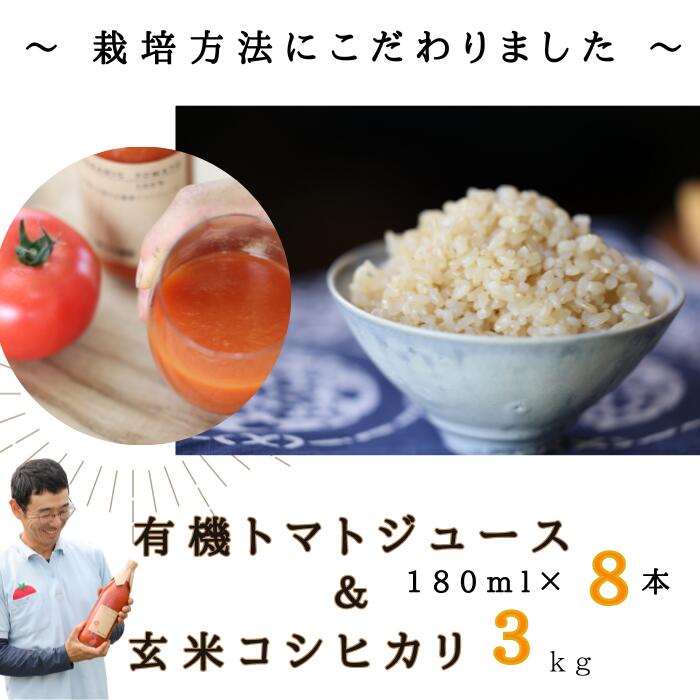 炊きあがりのつやと香りが良く、うま味も強い コシヒカリ 玄米と 無添加 100%トマトジュース 佐久穂とさや農園〔ST-TJ180-8-B3〕トマトジュース180ml×8本+玄米3キロ