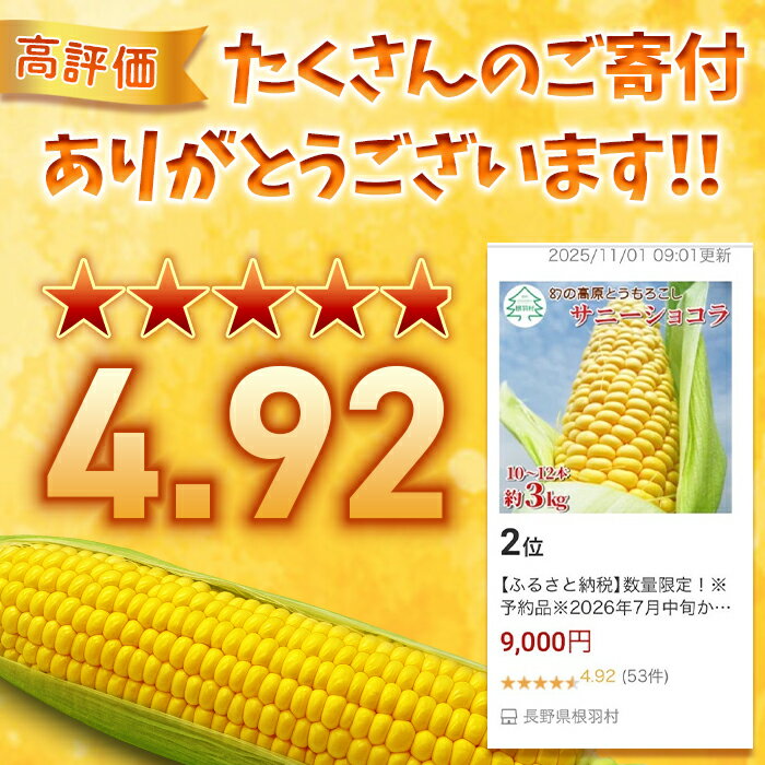 【ふるさと納税】【先行予約】 朝採れ とうもろこし サニーショコラ 約3kg（10本～12本入）限定 極甘 生 トウモロコシ 大人気 9000円 9,000円 令和8年度産 野菜 長野県 根羽村 夏野菜