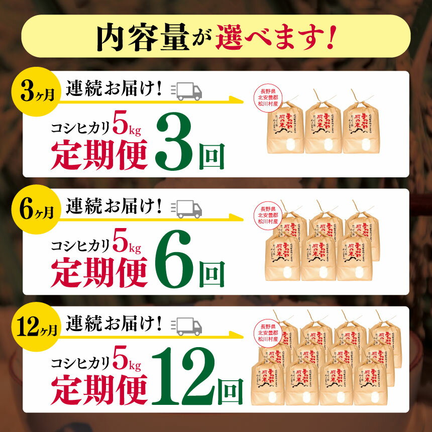 【ふるさと納税】【 定期便 】選べる定期回数 3回 ・ 6回 ・ 12回 安曇野 松川村産 コシヒカリ 5kg | 定期便 定期 3回 6回 12回 米 白米 精米 コシヒカリ こしひかり お米 おこめ 長野県 松川村 信州