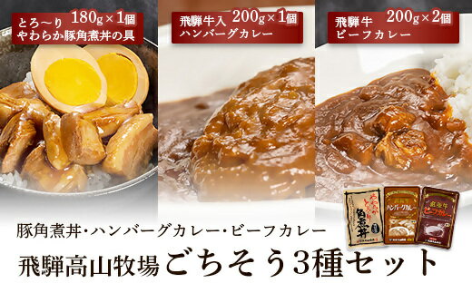 [セット]飛騨牛入ハンバーグカレー1個・飛騨牛ビーフカレー2個・とろーりやわらか豚角煮丼の具1個