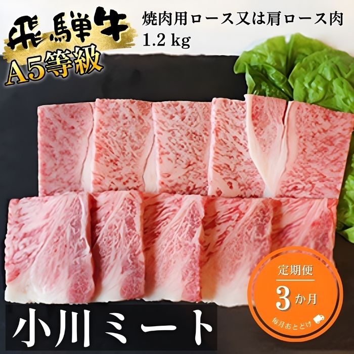 【3ヶ月定期便】A5等級飛騨牛焼き肉用1.2kg ロース又は肩ロース肉