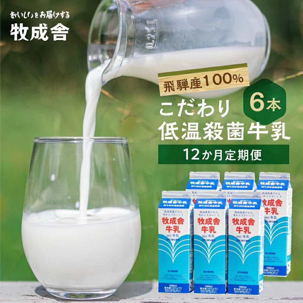 定期便 牛乳 (6本 × 12か月 ) 飛騨産生乳100% 牧成舎 美味しい低温殺菌牛乳6本 全 12回 乳製品 飛騨 TR3749 お楽しみ